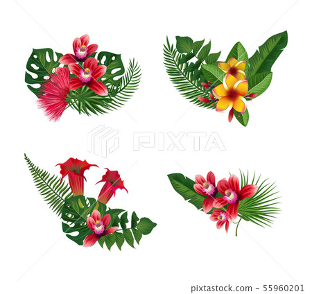 Vector tropical palm leaves and exotic flower - Stock Illustration ...