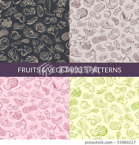 Vector handsketched fruits and vegetables vegan, healthy food, organic patterns set 55960227