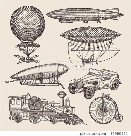 Illustrations of different retro transport. Balloons, zeppelin, machines and others. Hand drawn 55960351
