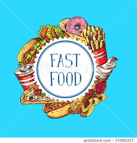 Vector hand drawn colored fast food elements gathered under circle illustration Vector hand drawn colored fast food elements gathered under circle illustration 55960355