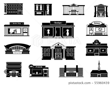 Shops, markets and others municipal buildings. Monochrome urban vector illustrations Shops, markets and others municipal buildings. Monochrome urban vector illustrations 55960439