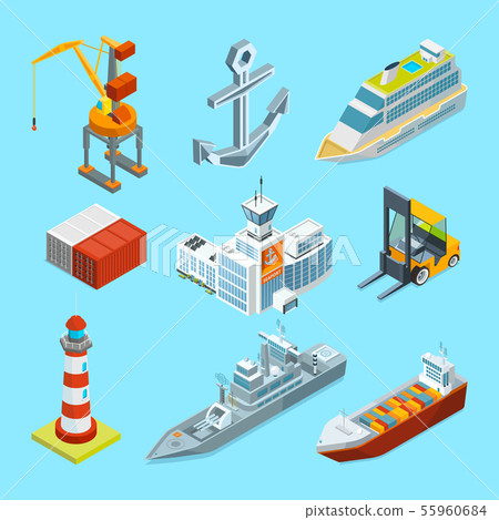 Ships, boats and seaport terminal. Cargo containers and crane for loading 55960684