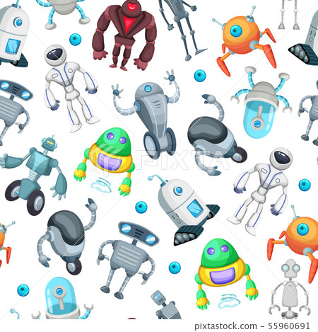 Seamless pattern with cute funny robots. Vector pictures in cartoon style 55960691