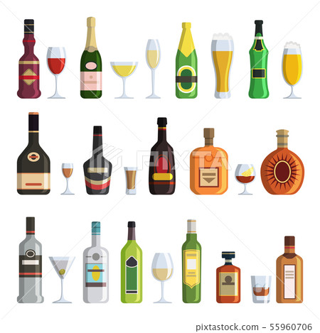 Illustrations of alcoholic bottles and glasses in cartoon style 55960706