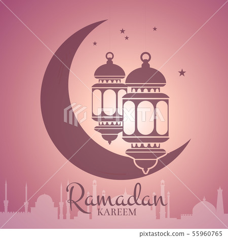 Vector Ramadan illustration with lanterns around moon with arabic city silhouette Vector Ramadan illustration with lanterns around moon with arabic city silhouette 55960765