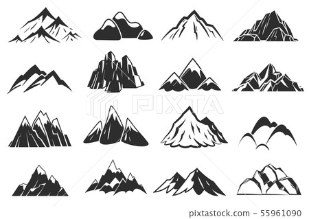 Mountain icons. Mountains top silhouette shapes, snow rocky range. Outdoor landscape hill peaks 55961090