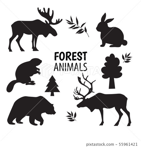 Wild forest animals silhouettes, elements set white isolated. Basis graphics design icons set Wild forest animals silhouettes, elements set white isolated. Basis graphics design icons set 55961421