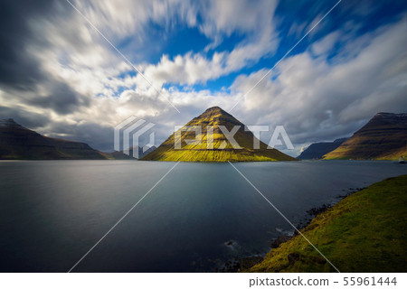 The island of Kunoy viewed from city of Klaksvik in the Faroe Islands, Denmark 55961444