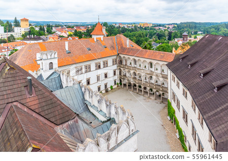 Great arcades - white renaissance archs on Third Courtyard of Jindrichuv Hradec Castle in Jindrichuv Great arcades - white renaissance archs on Third Courtyard of Jindrichuv Hradec Castle in Jindrichuv 55961445