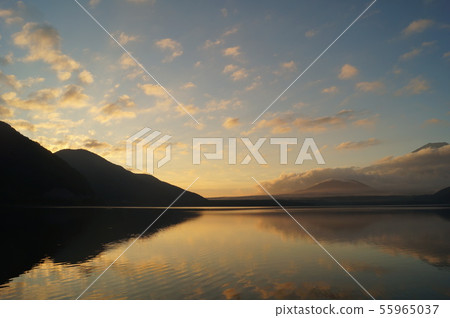 Mt. Fuji @ Koen campsite receiving the morning sun from the shore of Lake Motosu 55965037
