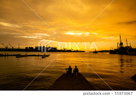 Taiwan's Kaohsiung Shin Kong Pier at dusk Asia, Taiwan, Kaohsiung Port City Dusk 55973067