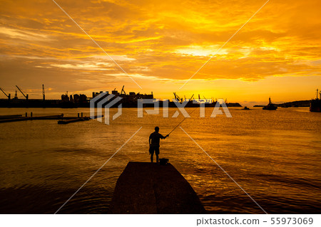 Taiwan's Kaohsiung Shin Kong Pier at dusk Asia, Taiwan, Kaohsiung Port City Dusk 55973069