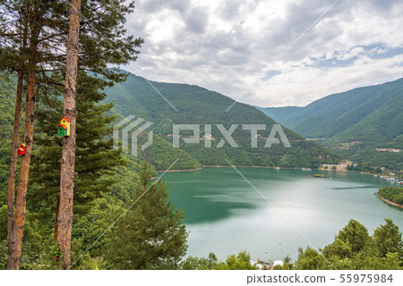 Aerial view on Green hills around Vacha dam. 55975984