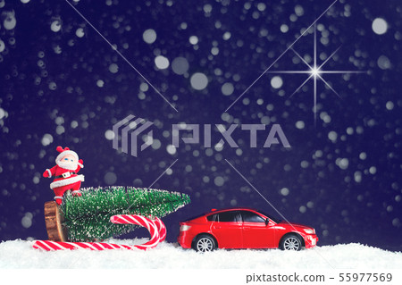 Red Car with Santa and Christmas tree card Red Car with Santa and Christmas tree card 55977569