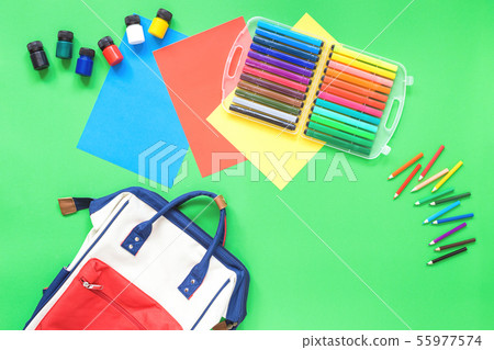 Assorted office and school stationery flat lay on Assorted office and school stationery flat lay on 55977574