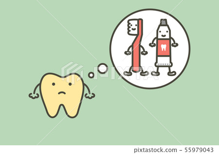 yellow tooth thinking of toothbrush and toothpaste 55979043