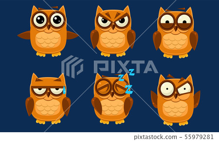 Funny Owls Characters Set, Cute Brown Birds with Various Emotions Vector Illustration 55979281