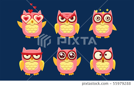 Owls Characters Set, Cute Birds with Various Emotions Vector Illustration 55979288