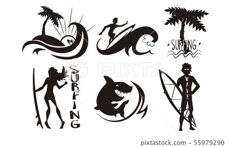 Surfers, Waves, Palms Silhouettes Set, Man and Woman Riding Waves with Surfboards, Summer Extreme 55979290