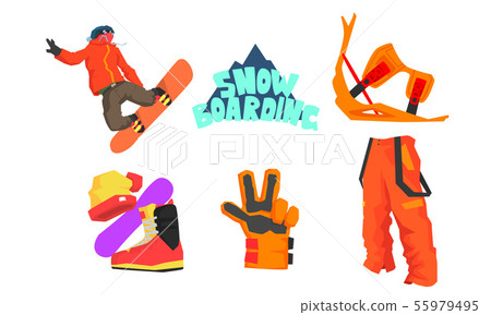 Snowboarder and Snowboarding Equipment Set, Winter Sport, Active Lifestyle Vector Illustration Snowboarder and Snowboarding Equipment Set, Winter Sport, Active Lifestyle Vector Illustration 55979495