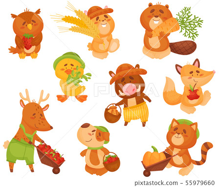 Set of cute animals with the harvest. Vector illustration on white background. 55979660