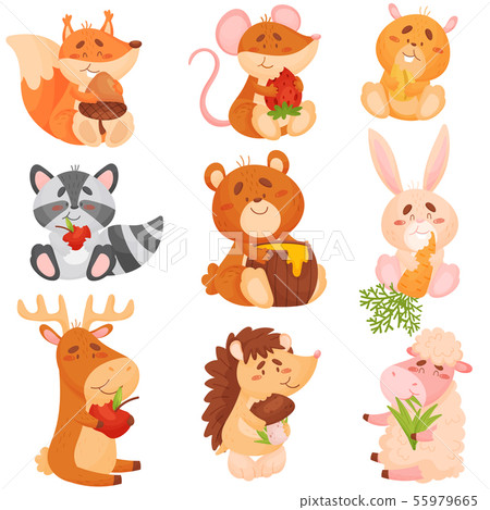Set of cartoon animals eating different fruits. Vector illustration on white background. 55979665