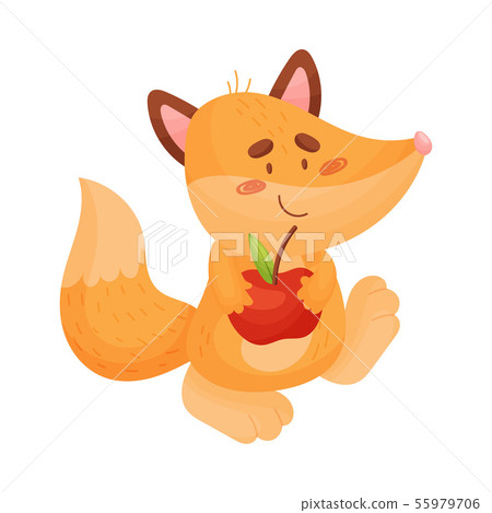 Cartoon fox with apple. Vector illustration on white background. 55979706