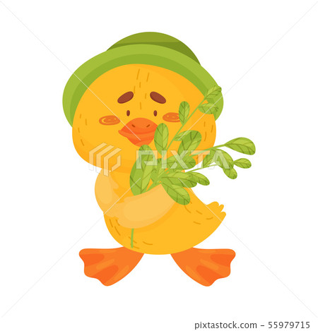 Cartoon duckling with sprigs of mint. Vector illustration on white background. 55979715