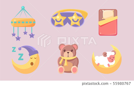 Newborn Baby Sleeping Accessories Set, Baby Shower Elements Vector Illustration Newborn Baby Sleeping Accessories Set, Baby Shower Elements Vector Illustration 55980767