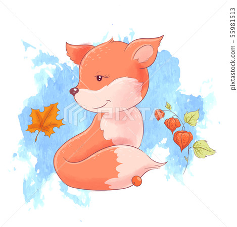 Cute cartoon fox and mouse, autumn, leaves. Cute cartoon fox and mouse, autumn, leaves. 55981513