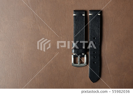 Black leather watch strap with stainless buckle 55982036