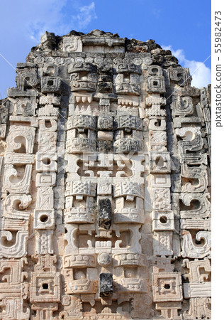 Ancient wall with god Chaac masks, Uxmal, Yucatan, Ancient wall with god Chaac masks, Uxmal, Yucatan, 55982473