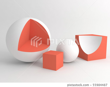 3d red white geometric shapes over white 55984487