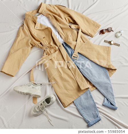 set of autumn clothes white background, accessories with copyspace 55985054