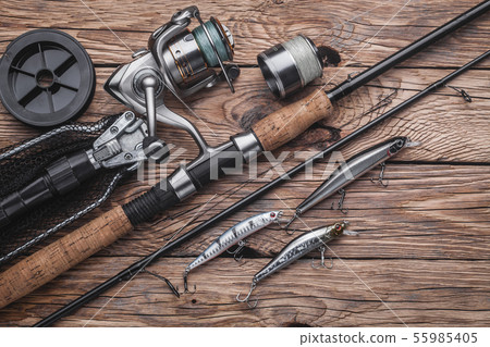 Fishing tackle for catching predatory fish. Wobblers, spinning, reel, fishing line Fishing tackle for catching predatory fish. Wobblers, spinning, reel, fishing line 55985405