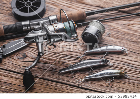 Fishing tackle for catching predatory fish. Wobblers, spinning, reel, fishing line Fishing tackle for catching predatory fish. Wobblers, spinning, reel, fishing line 55985414