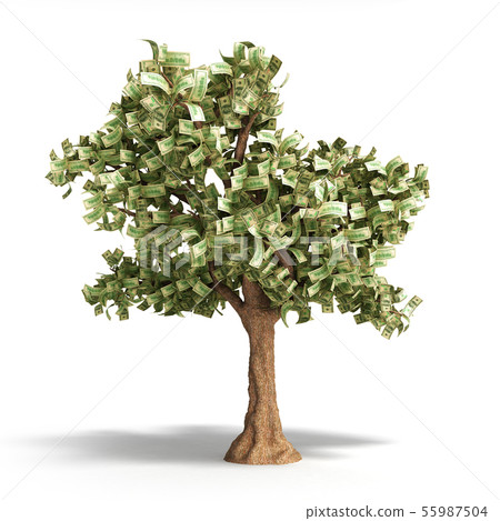 dollar tree with hundred dollar bills on white 3d 55987504