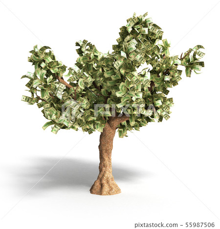 dollar tree with hundred dollar bills on white 3d 55987506