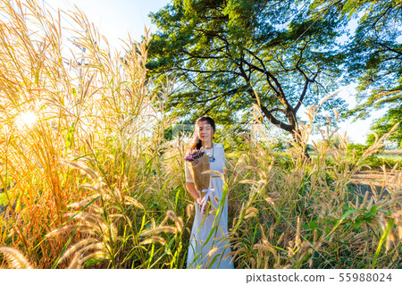 Fashion women in white dress with dry flower Fashion women in white dress with dry flower 55988024