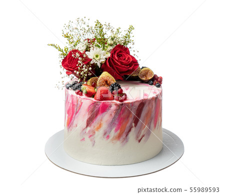 Cream colored abstract cake of berries and flowers. 55989593