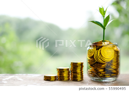 Tree with flowers growing on glass piggy bank from Tree with flowers growing on glass piggy bank from 55990495