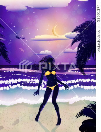 Happy woman on night beach 55991374
