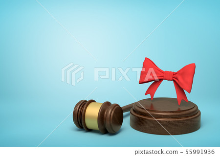 3d rendering of red bow on round wooden block and brown wooden gavel on blue background 3d rendering of red bow on round wooden block and brown wooden gavel on blue background 55991936