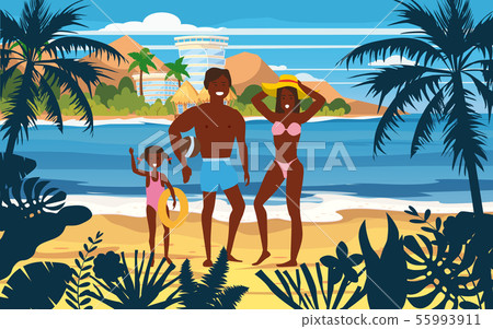 Happy Family on Summer Vacation Beach. Father Mother and Daughter enjoying Beach Vacation walking on Happy Family on Summer Vacation Beach. Father Mother and Daughter enjoying Beach Vacation walking on 55993911
