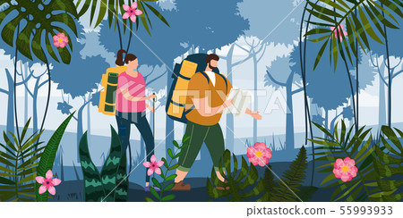 Tourists cute couple with map and backpacks performing outdoor touristic activity. Forest trees Tourists cute couple with map and backpacks performing outdoor touristic activity. Forest trees 55993933