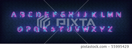 Neon alphabet font. Glowing neon colored 3d modern alphabet typeface 55995429