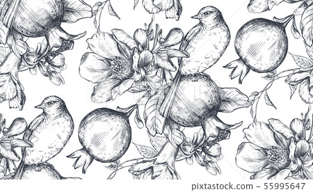 Vector seamless pattern with pomegranate fruits, flowers, branches and birds. 55995647