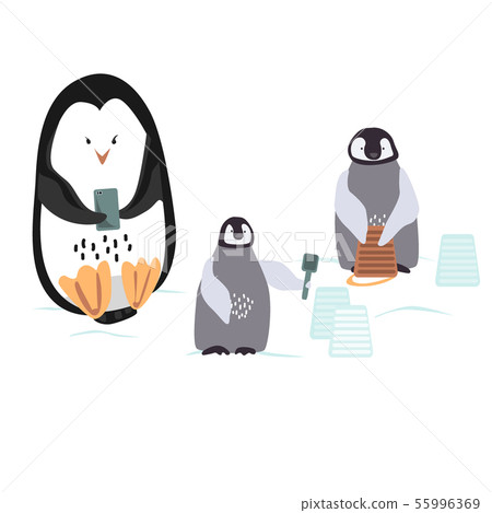 Two cartoon penguins are bulding a snowcastle with bucket and trowel and their mom looking in the Two cartoon penguins are bulding a snowcastle with bucket and trowel and their mom looking in the 55996369