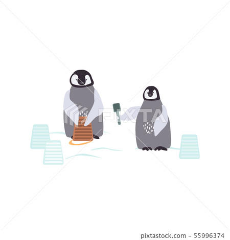 Two cartoon penguins are bulding a snowcastle. Playing emperor baby penquins background. Vector Two cartoon penguins are bulding a snowcastle. Playing emperor baby penquins background. Vector 55996374