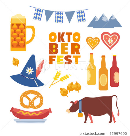 Hand drawn Oktoberfest flat color vector icon set - Stock Illustration ...